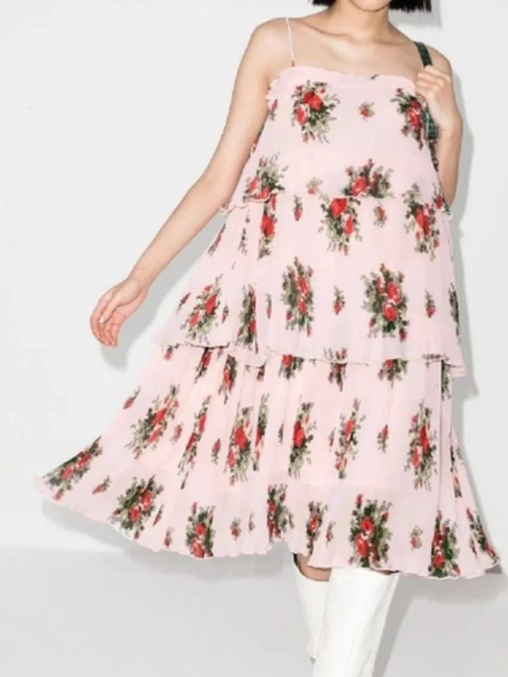 Ganni Georgette Tiered Pink Floral Pleated/Ruffled Midi Dress size 38 / US 6